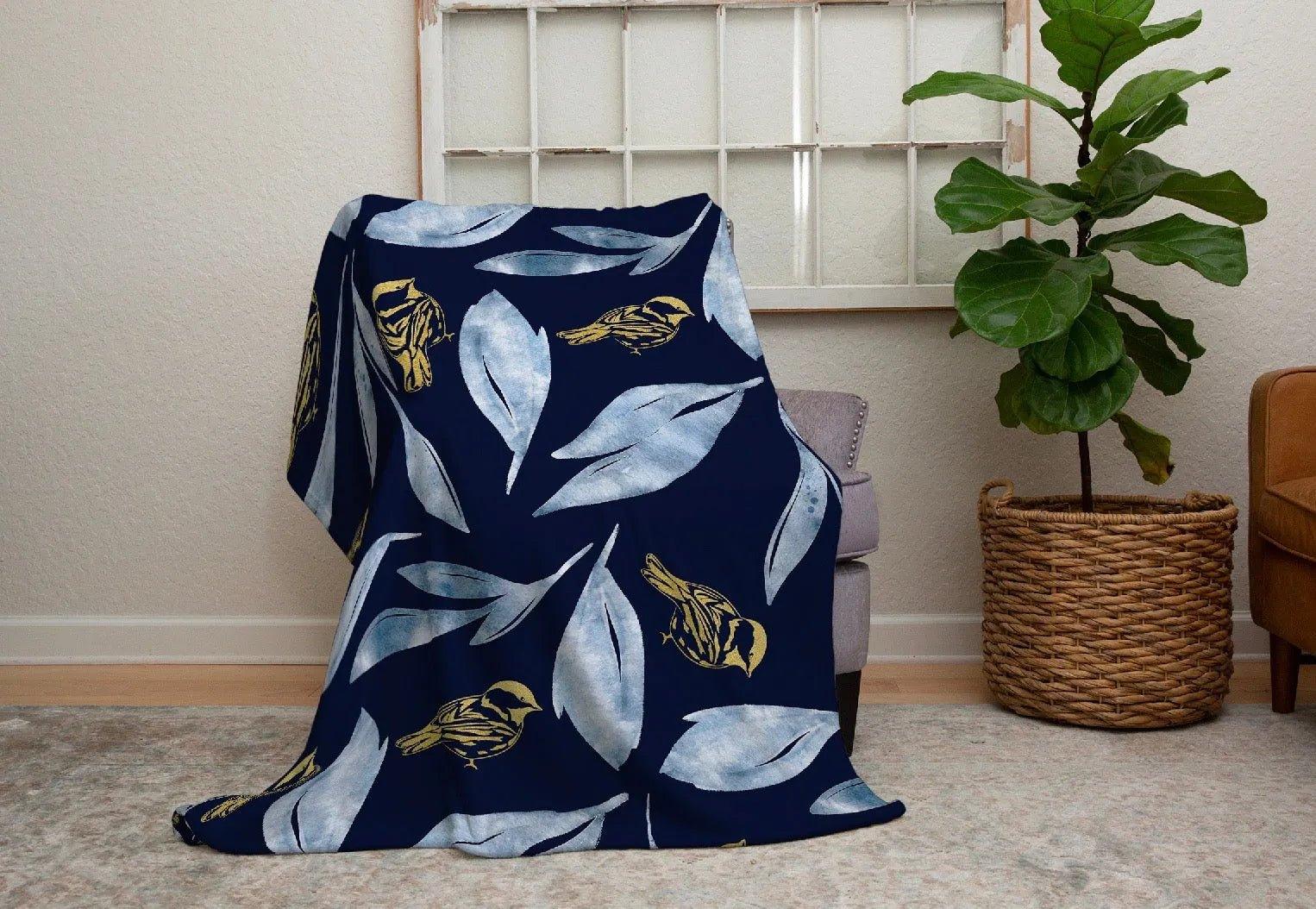 Sherpa Blanket - Icy Blue Leaves and Gold Birds - 60"x80" - Festive Fit Home